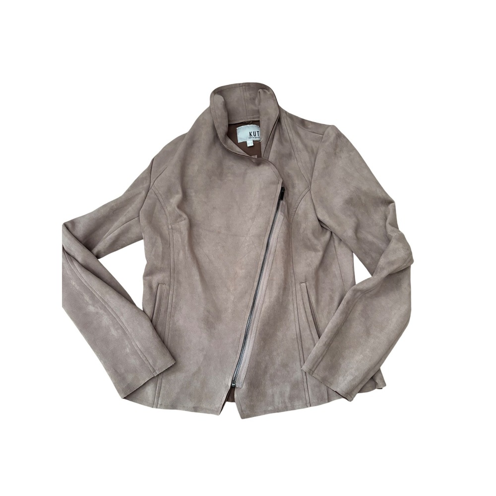 KUT from the Kloth Faux Suede Asymmetrical Zip Moto Jacket Taupe Medium NWOT